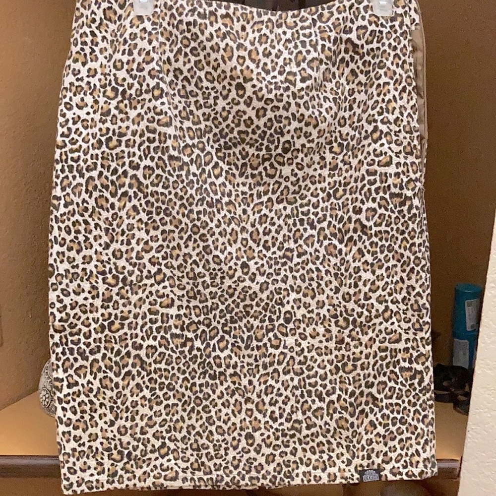 Leopard print King Kerosin pencil skirt with design on back, side zipper, slit